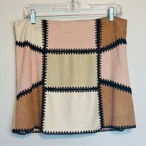 Gianni Bini Patchwork Mini Skirt in Pink, Cream & Tan with Black Trim